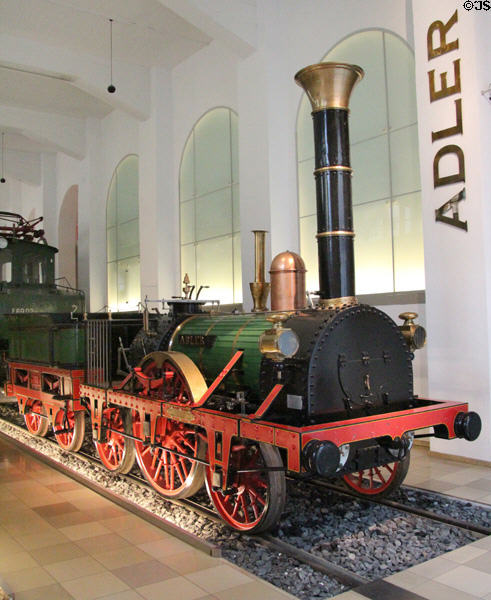 Working replica (1952) of locomotive Adler, which pulled first (1835) German railway between Nuremberg & Fürth at Nuremberg Transport Museum. Nuremberg, Germany.