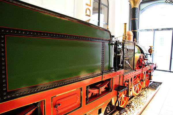 Replica of locomotive Adler & tender after original imported from Robert Stephenson Factory of England in 1835 at Nuremberg Transport Museum. Nuremberg, Germany.