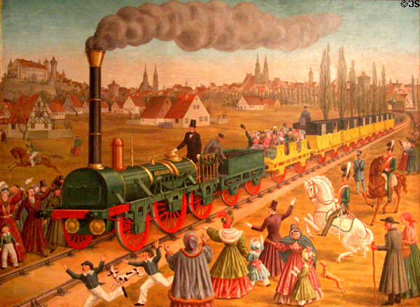 Painting of first German train (1835) pulled by locomotive Adler at Nuremberg Transport Museum. Nuremberg, Germany.