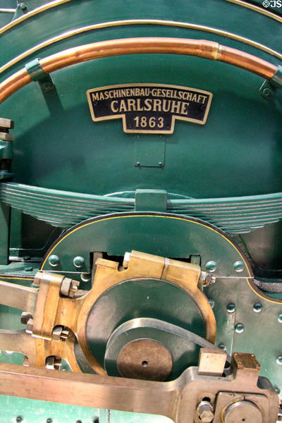 Maker's plate of steam locomotive Bad. IX Phoenix (1863) at Nuremberg Transport Museum. Nuremberg, Germany.