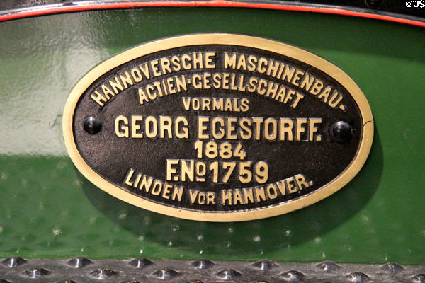 Maker's plate of steam locomotive Preuß. G3 Saarbrücken 3143 (1884) at Nuremberg Transport Museum. Nuremberg, Germany.