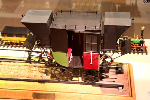 Model of 1832 passenger wagon "Hannibal" from Upper Austria to Bohemia line at Nuremberg Transport Museum. Nuremberg, Germany.