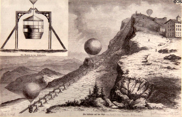 Graphic (1859) of failed idea to build railroad up Swiss Rigi mountain using balloon to lift car up track to summit at Nuremberg Transport Museum. Nuremberg, Germany.