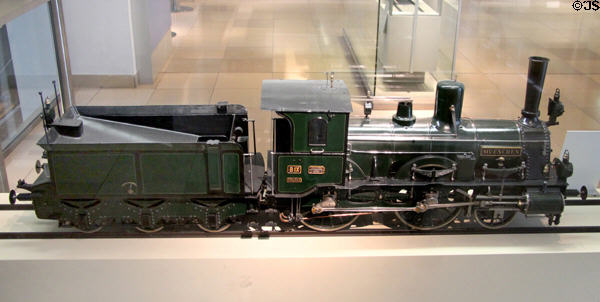 Model of Bavarian steam locomotive B IX (1874) at Nuremberg Transport Museum. Nuremberg, Germany.