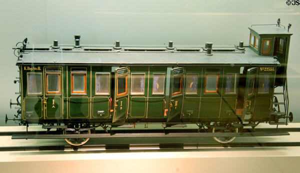 Model of Bavarian passenger wagon (1887) at Nuremberg Transport Museum. Nuremberg, Germany.