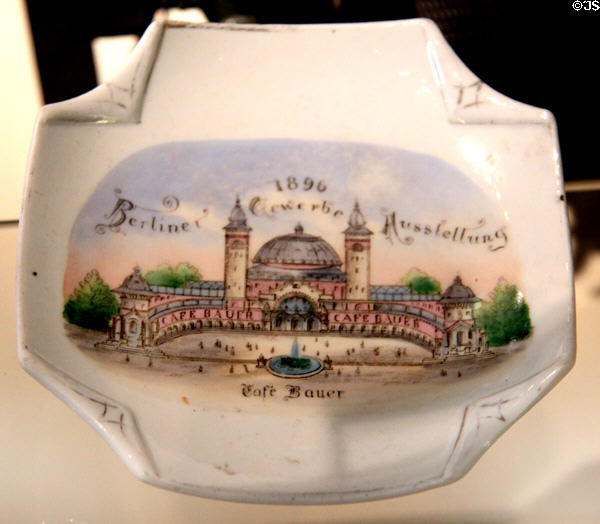 Porcelain ashtray from Berlin Trade Show (1896) showing Cafe Bauer at Nuremberg Transport Museum. Nuremberg, Germany.