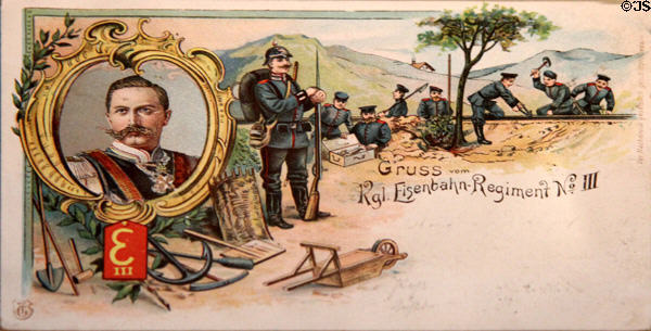 Postcard (1898) featuring German Army Railway Regiment with Kaiser Wilhelm II at Nuremberg Transport Museum. Nuremberg, Germany.