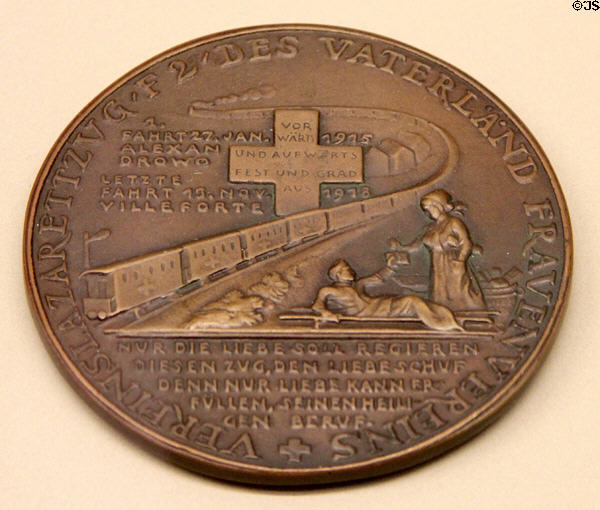 Medal of a WWI German hospital train (1915) at Nuremberg Transport Museum. Nuremberg, Germany.