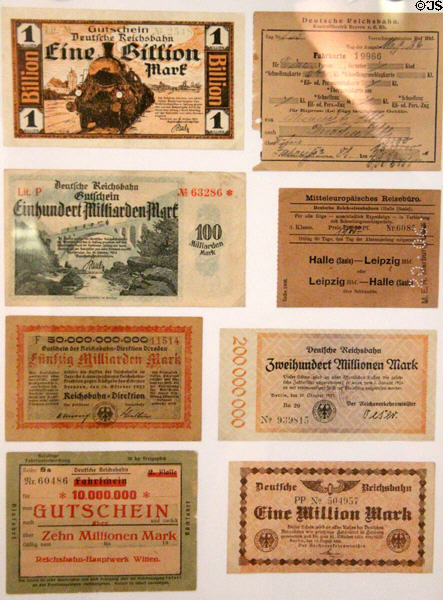 German railway tickets during inflationary times in 1920s priced in millions of Marks at Nuremberg Transport Museum. Nuremberg, Germany.