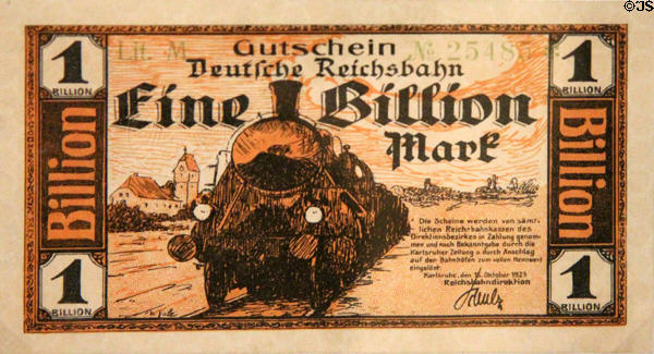 German inflation railway ticket (1923) priced at one billion Marks at Nuremberg Transport Museum. Nuremberg, Germany.