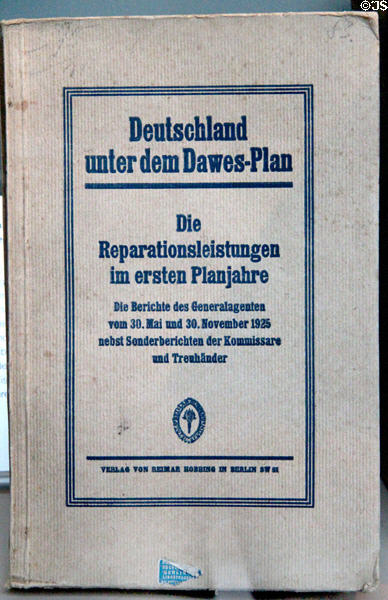 Report on German reparations under the Dawes Plan (1925) at Nuremberg Transport Museum. Nuremberg, Germany.