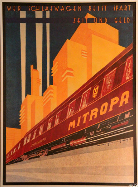 Replica of promotional poster (1929) for Mitropa luxury train at Nuremberg Transport Museum. Nuremberg, Germany.