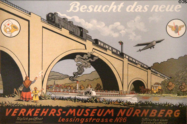 Visit the new Transport Museum in Nuremberg poster (1925) for completion of building now the Nuremberg Transport Museum. Nuremberg, Germany.