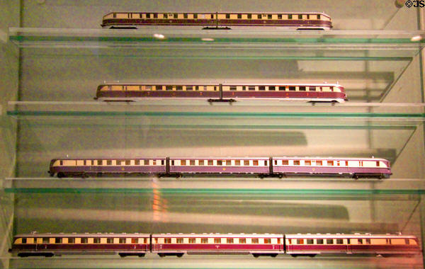 Models of high-speed passenger trains of 1930s - from top Der Fliegende Hamburger, Hamburg, Leipzig, & Köln at Nuremberg Transport Museum. Nuremberg, Germany.
