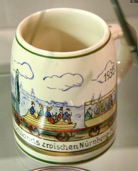 Ceramic mug (1935) commemorating first (1835) German railway between Nuremberg & Fürth at Nuremberg Transport Museum. Nuremberg, Germany.