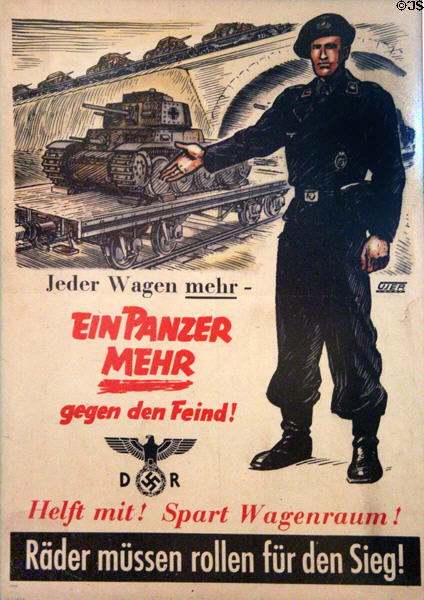 Nazi propaganda poster to urge production of rail wagons (reproduction) (1941) at Nuremberg Transport Museum. Nuremberg, Germany.