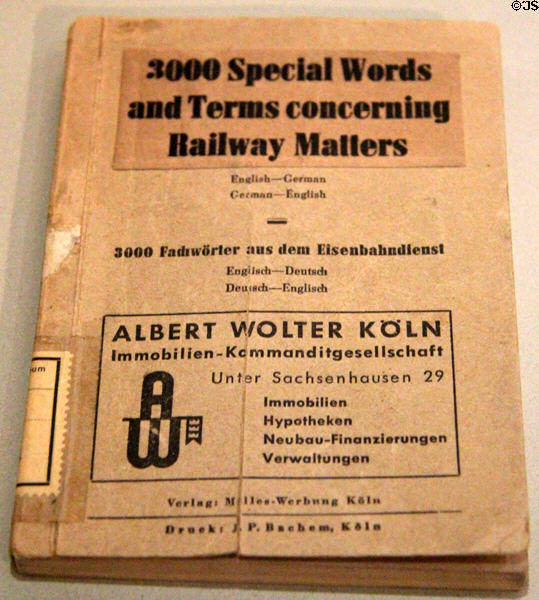 German-English dictionary of Railway terms (1946) to help occupying powers run German railways at Nuremberg Transport Museum. Nuremberg, Germany.