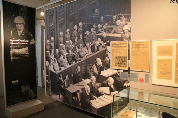 Display about Nuremberg War Crimes Trials at Nuremberg Transport Museum. Nuremberg, Germany.