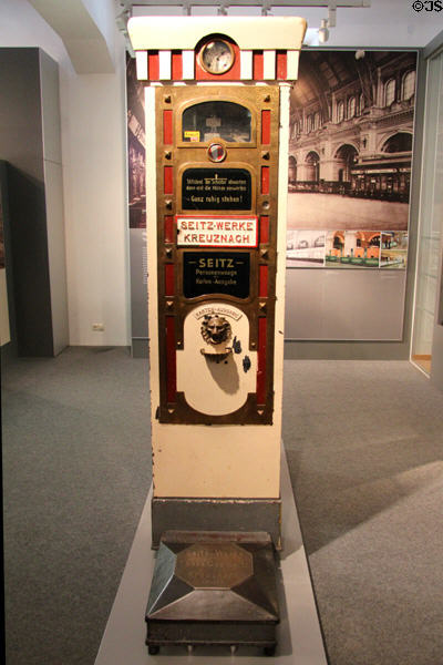 Antique coin operated personal weight scale as found in rail stations at Nuremberg Transport Museum. Nuremberg, Germany.
