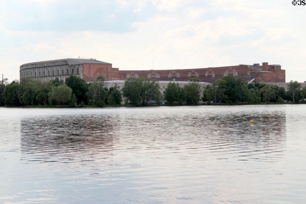 View of unfinished Nazi Congress Hall above lake at Party Rally Grounds, now Documentation Centre. Nuremberg, Germany.
