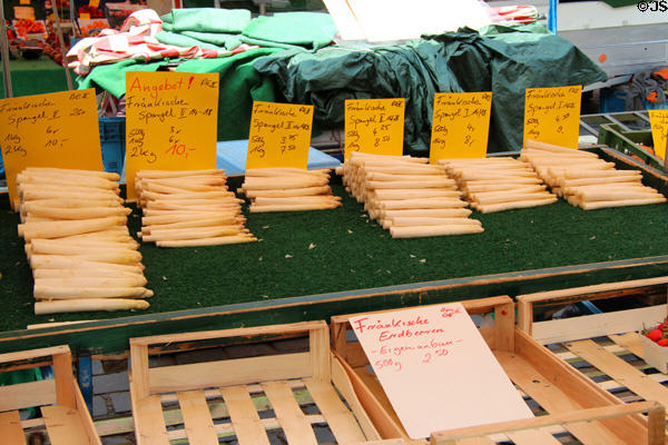 Variety of white asparagus at main market. Nuremberg, Germany.