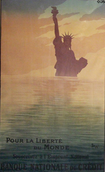 For the Liberty of the World poster (1917) to urge French citizens to subscribe to WWI defense loan offered by Banque Nationale de Crédit deigned by Georges Goursat (SEM) shows Statue of Liberty in private collection. Germany.