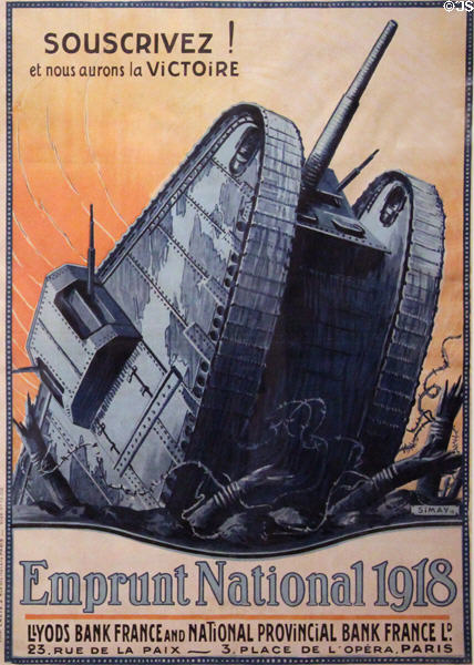 Subscribe & we will have victory poster (1918) to urge French citizens to subscribe to WWI defense loans offered by two French banks deigned by Imre Károly Simay shows WWI tank rolling over trench in private collection. Germany.
