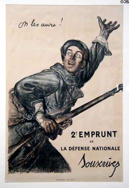 We'll beat them poster (1916) to urge French citizens to buy WWI defense loans deigned by Abel Faivre shows soldier urging others forward in private collection. Germany.