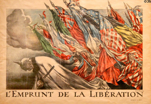 Liberation Loan poster (1918) by Abel Faivre of France shows flags of Allied Nation crushing German Kaiser in private collection. Germany.