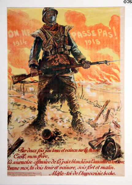 They Shall not Pass poster (1917) by Maurice Neumont of France shows ragged French soldier holding front line in private collection. Germany.
