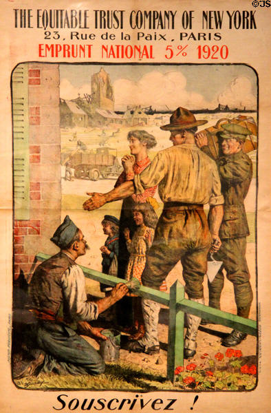 National War Loan poster (1920) by Lucien Jonas of France shows American soldier in France to raise recovery funds via loan from Equitable Trust Company of New York in private collection. Germany.