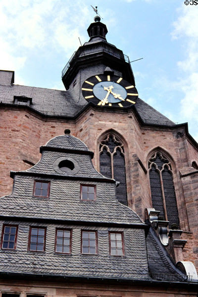 Clock tower of Marburg Castle (Landgrafenschloss) (11thC), built originally as a fort & home to Landgraves, a title of nobility, of Hessen from 13th-17thC. Marburg, Germany.