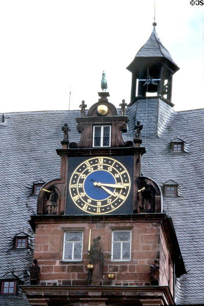 Rathaus (city hall) rooftop cupola & ornate clock tower. Marburg, Germany.