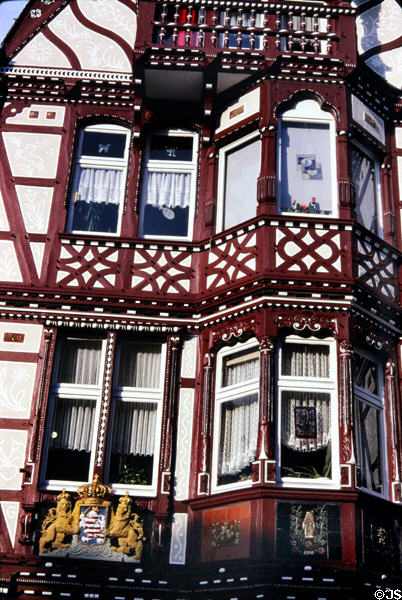 Ornate half-timbered style building facade on Wettergasse. Marburg, Germany.