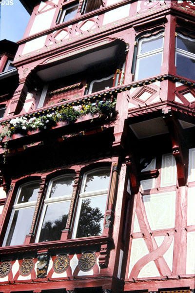 Ornate details on half-timbered style building facade on Wettergasse. Marburg, Germany.