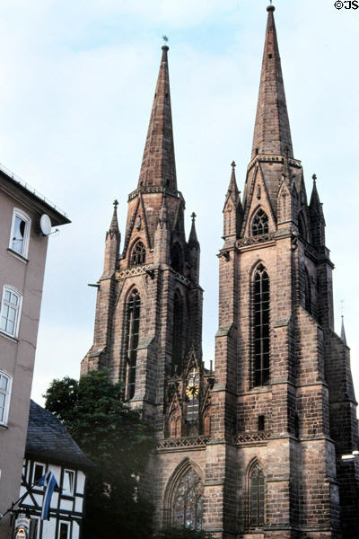 Twin towers of St. Elizabeth Church (1235-83), first truly Gothic Church in Germany. Marburg, Germany.