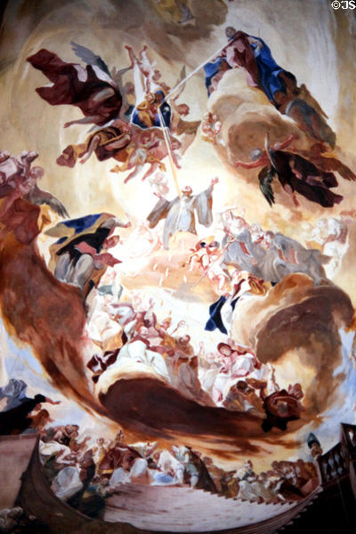 Ceiling fresco (1751) by Franz Joseph Spiegler depicting stream of light from Virgin Mary reaching St. Benedict of Nursia in Zwiefalten Abbey church. Zwiefalten, Germany.