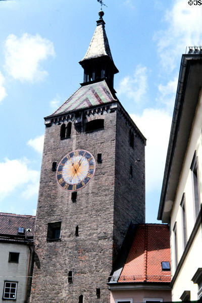 Medieval Schönerturm (aka Schmalzturm) built into old town wall on main square. Landsberg am Lech, Germany.