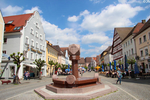 Modern fountain on market square. Günzburg, Germany.