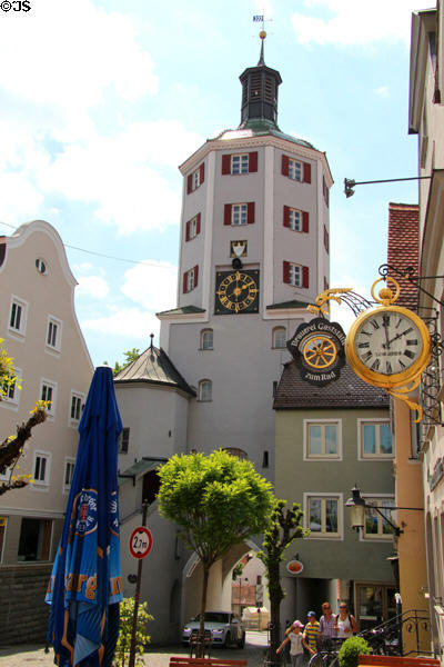 Kueturm (cow tower) & ornate wrought iron & gilded sign for Brewery Restaurant zum Rad. Günzburg, Germany.