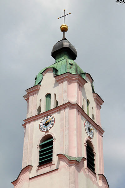 Clock tower of Liebfrauenkirche. Günzburg, Germany.