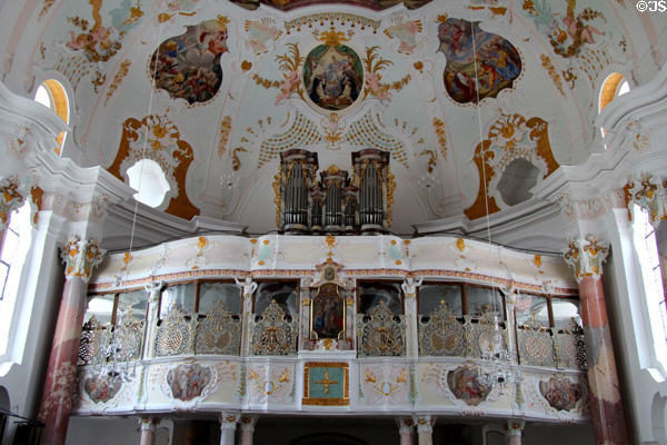 Organ loft, pipes & murals on vaulting at Liebfrauenkirke. Günzburg, Germany.