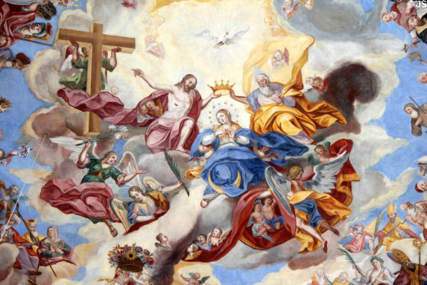 Detail of Coronation of Mary ceiling fresco (1741) by Anton Enderle at Liebfrauenkirche. Günzburg, Germany.