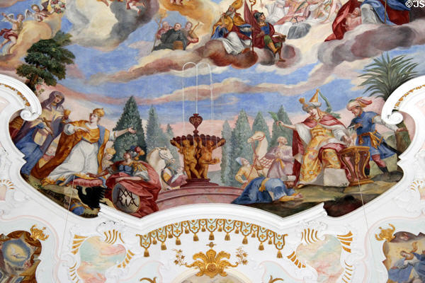 Detail of Coronation of Mary ceiling fresco (1741) with focus on the two fountains of grace by Anton Enderle at Liebfrauenkirche. Günzburg, Germany.