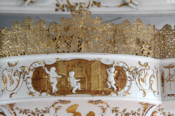 Baroque detail of cherubs playing organ in Goldener Saal at Academy for teacher training. Dillingen, Germany.