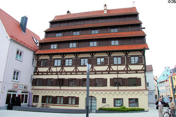 Siebendächer Haus (seven-roof house) (1601) side view restored after WWII bomb blew out plaster walls but left wood frame standing. Memmingen, Germany.