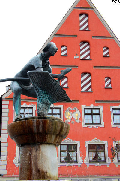 Fisherman's Fountain (1955) at Schrannenplatz celebrates annual Fisher's Festival. Memmingen, Germany.