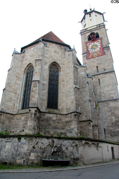 Gothic windows of St Martin Lutheran church (1325-1500) with bell tower (14thC). Memmingen, Germany.