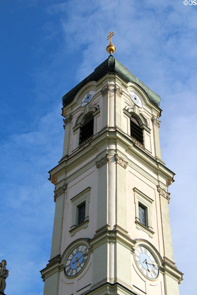 Clock tower with double barred cross as finial at Ottobeuren Abbey. Ottobeuren, Germany.