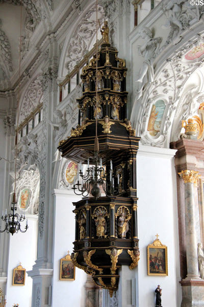 Ornate pulpit & plasterwork in St Benedict church at Benediktbeuern Abbey. Germany.